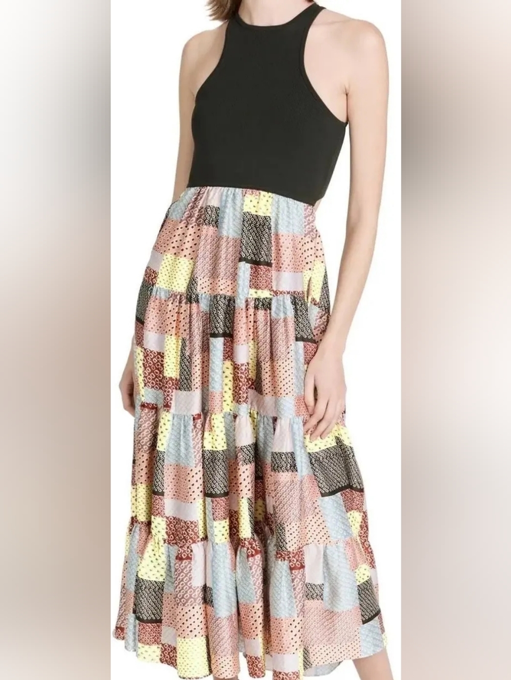 CINQ SRPT Patchwork Tiered Maxi Skirt in Pastel Pink, Yellow, Blue